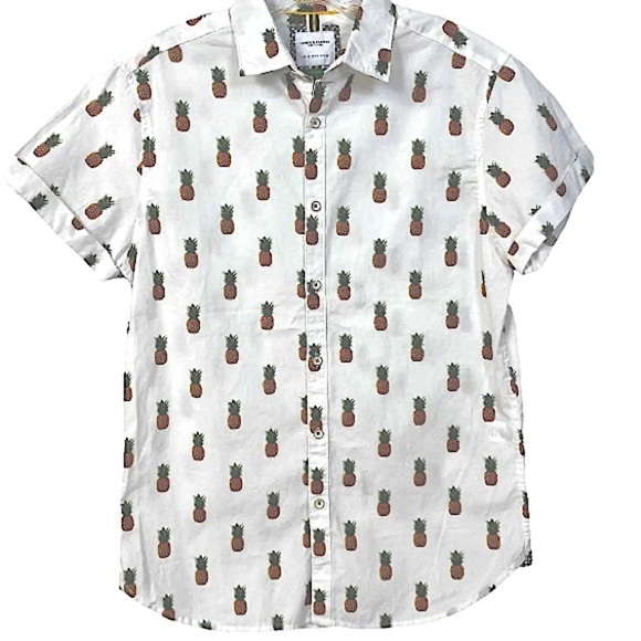 Denim &‎ Flowers EUC Mens slim fit, button up pineapple shirt, size small - Picture 15 of 16